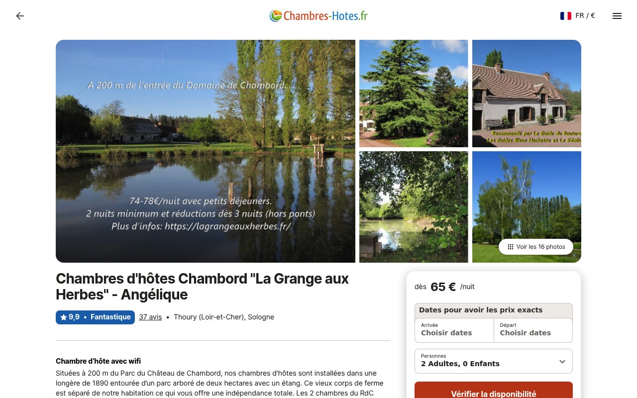 Top 9 meilleures chambres d'hôtes à Chambord : le classement 2026 4 Apercu du site La Grange aux Herbes
