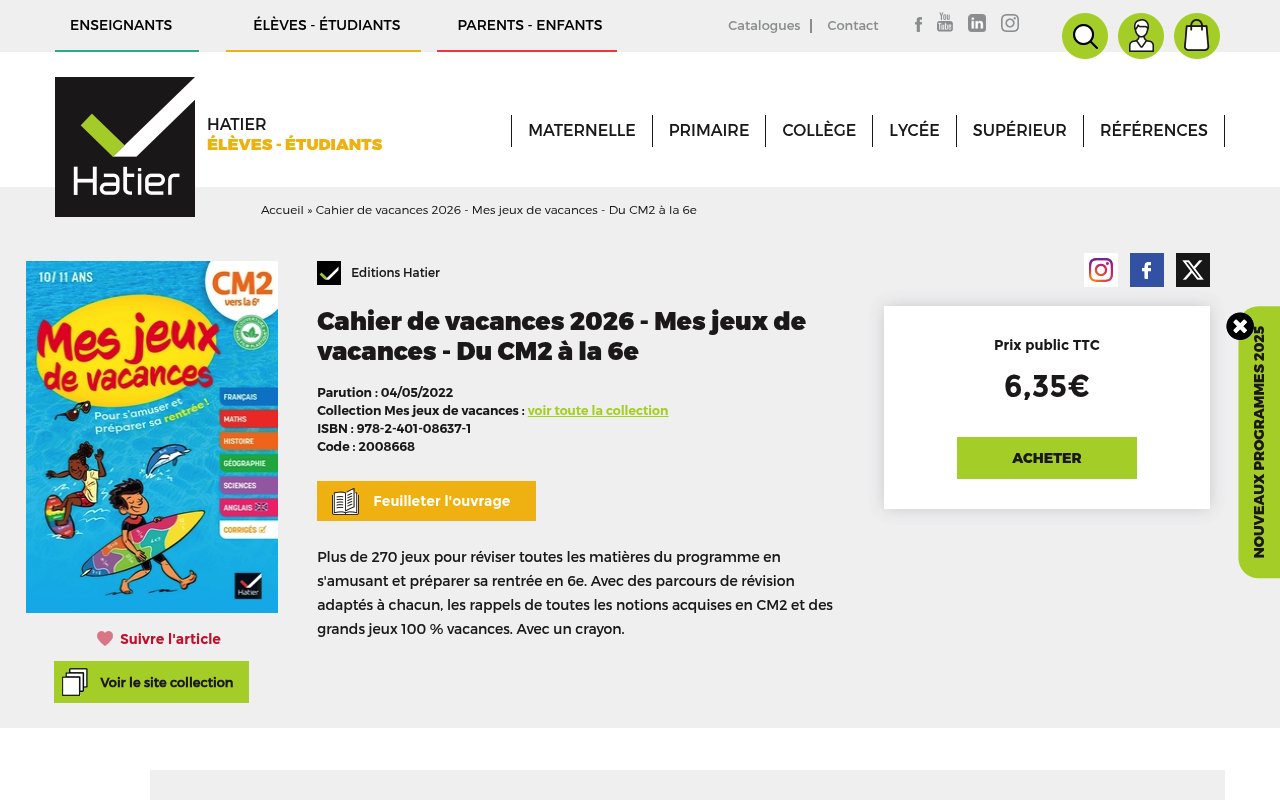 Apercu du site Cahier de vacances 2026