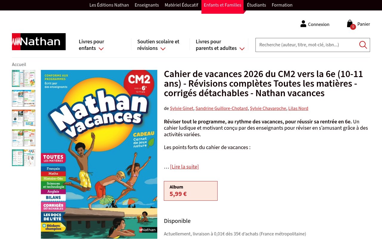 Apercu du site Cahier de vacances 2026 du CM2 vers la 6e (10-11 ans)
