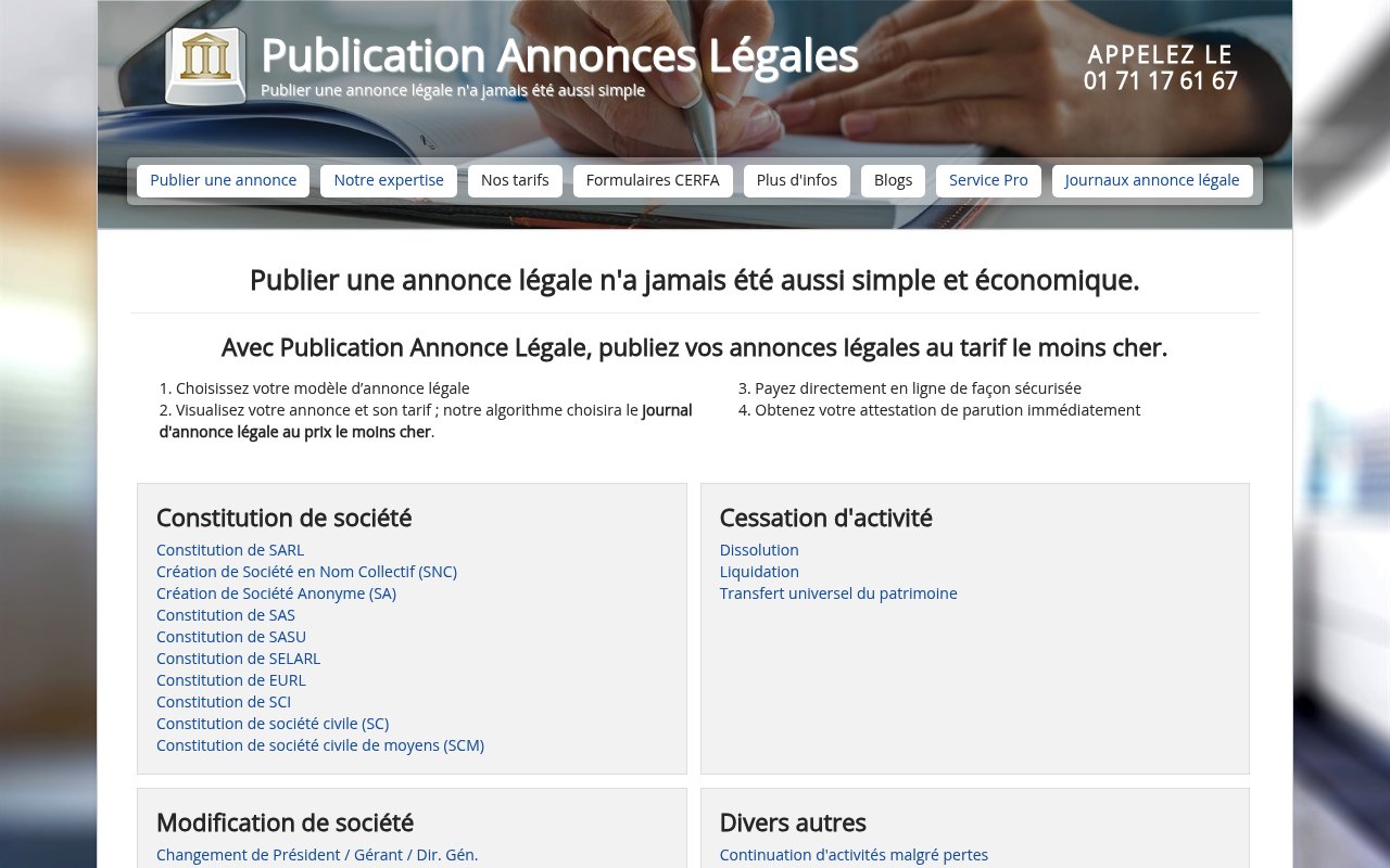 Apercu du site Publication Annonces Légales