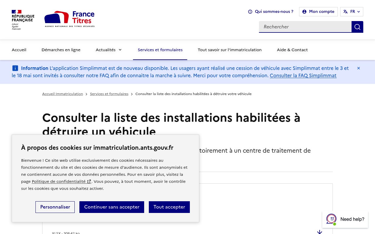 Apercu du site ANTS – Garages habilités à détruire votre véhicule