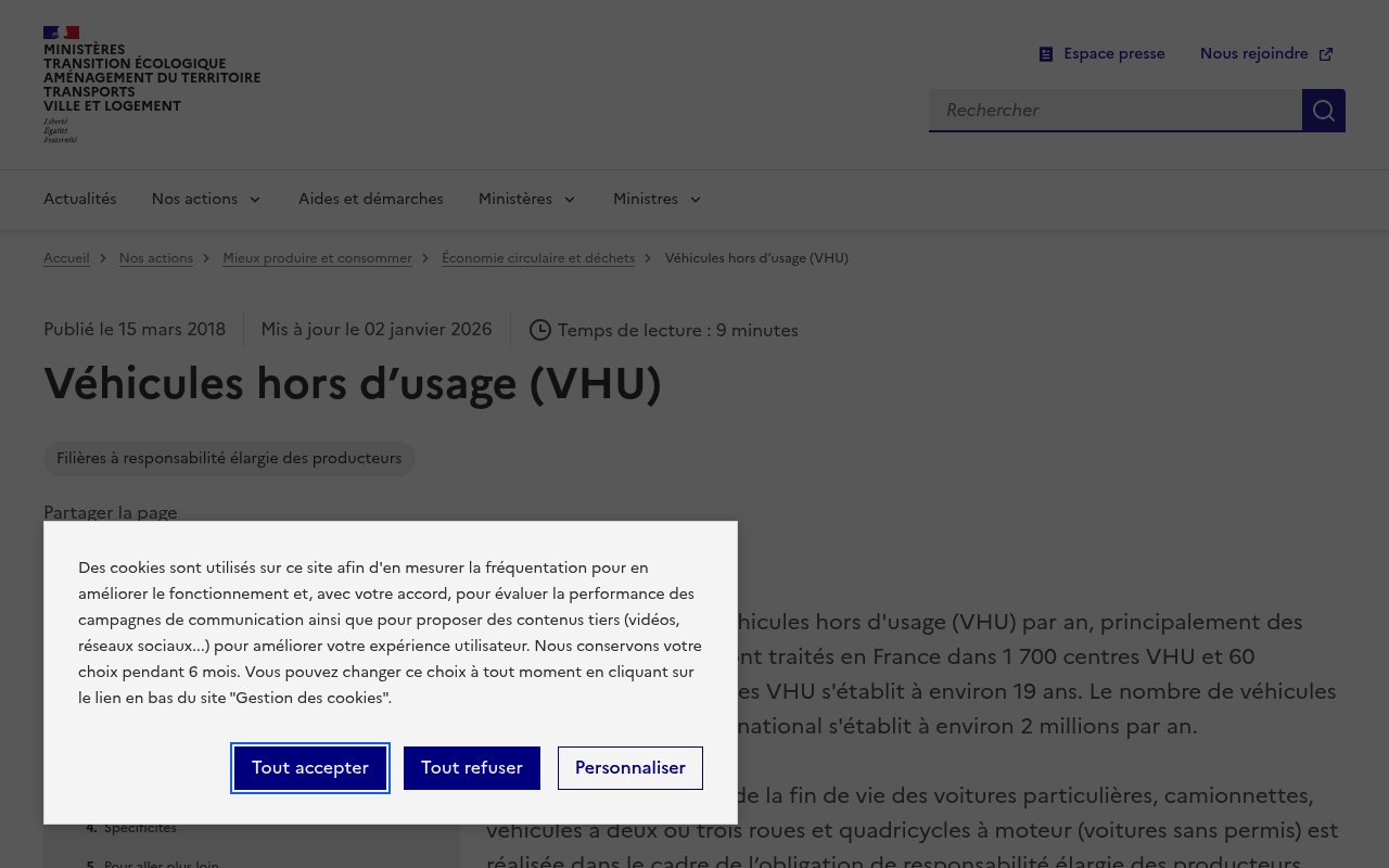Apercu du site ADEME / filière VHU via l’État