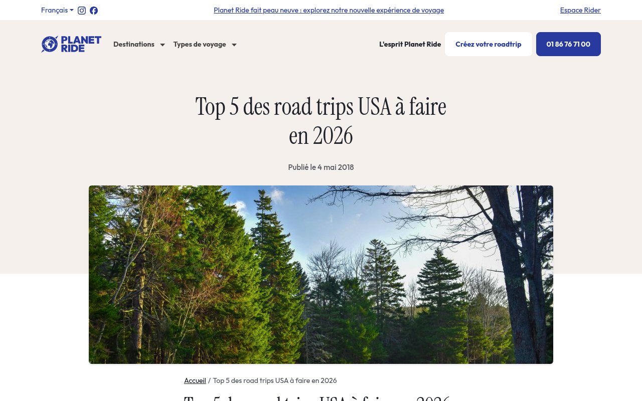 Apercu du site Top 5 road trip USA 2026: Floride, Ouest, Alaska, Route 66