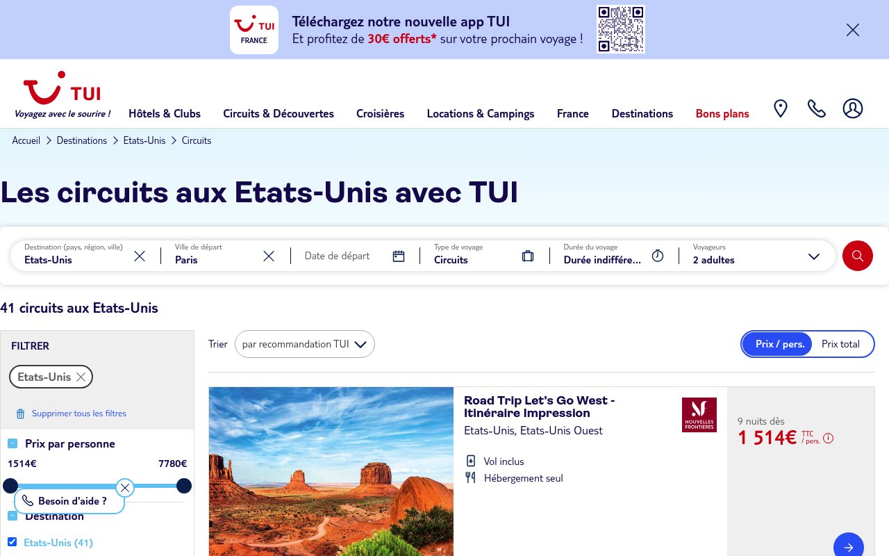 Apercu du site Circuits aux Etats-Unis avec TUI