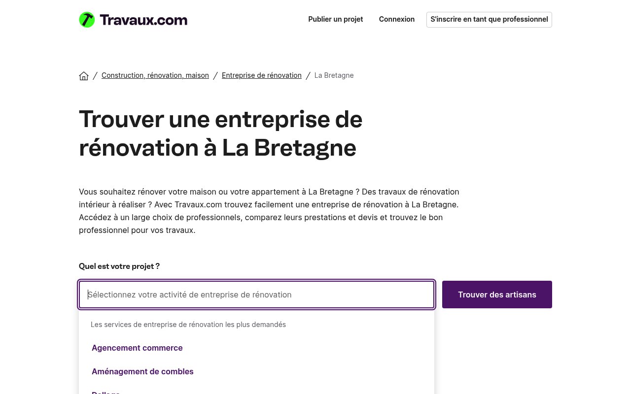 Apercu du site Travaux.com – annuaire Bretagne