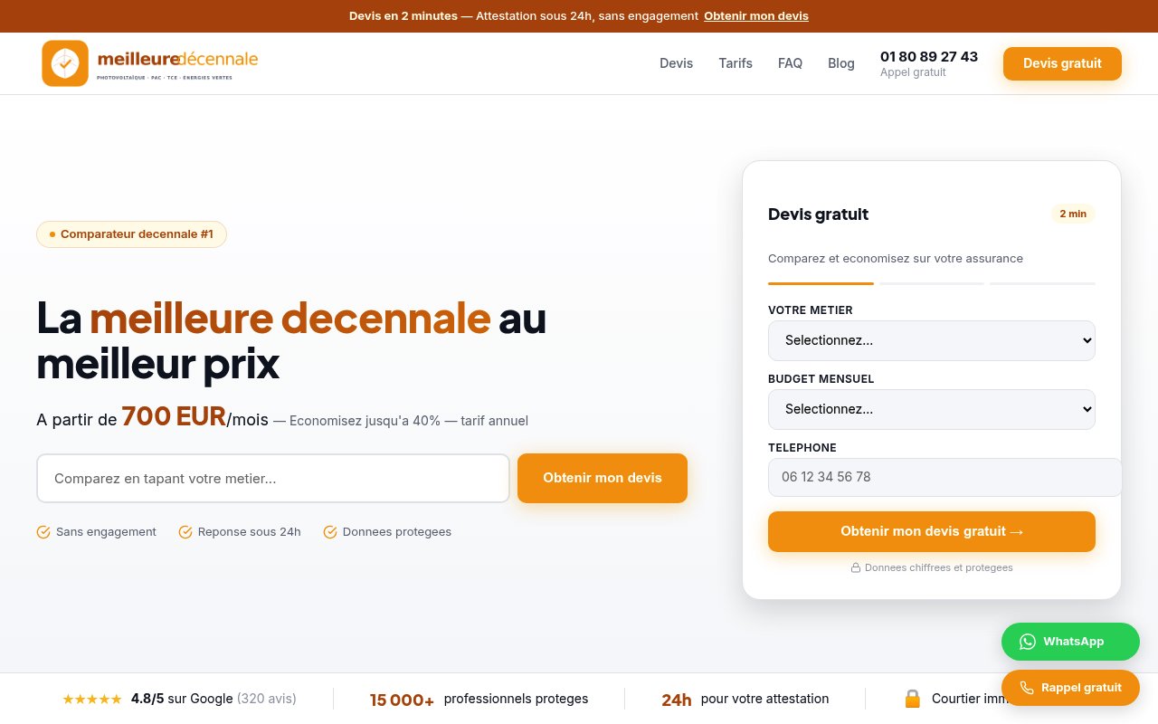 Apercu du site Meilleure Assurance Decennale 2026 — Comparatif & Devis