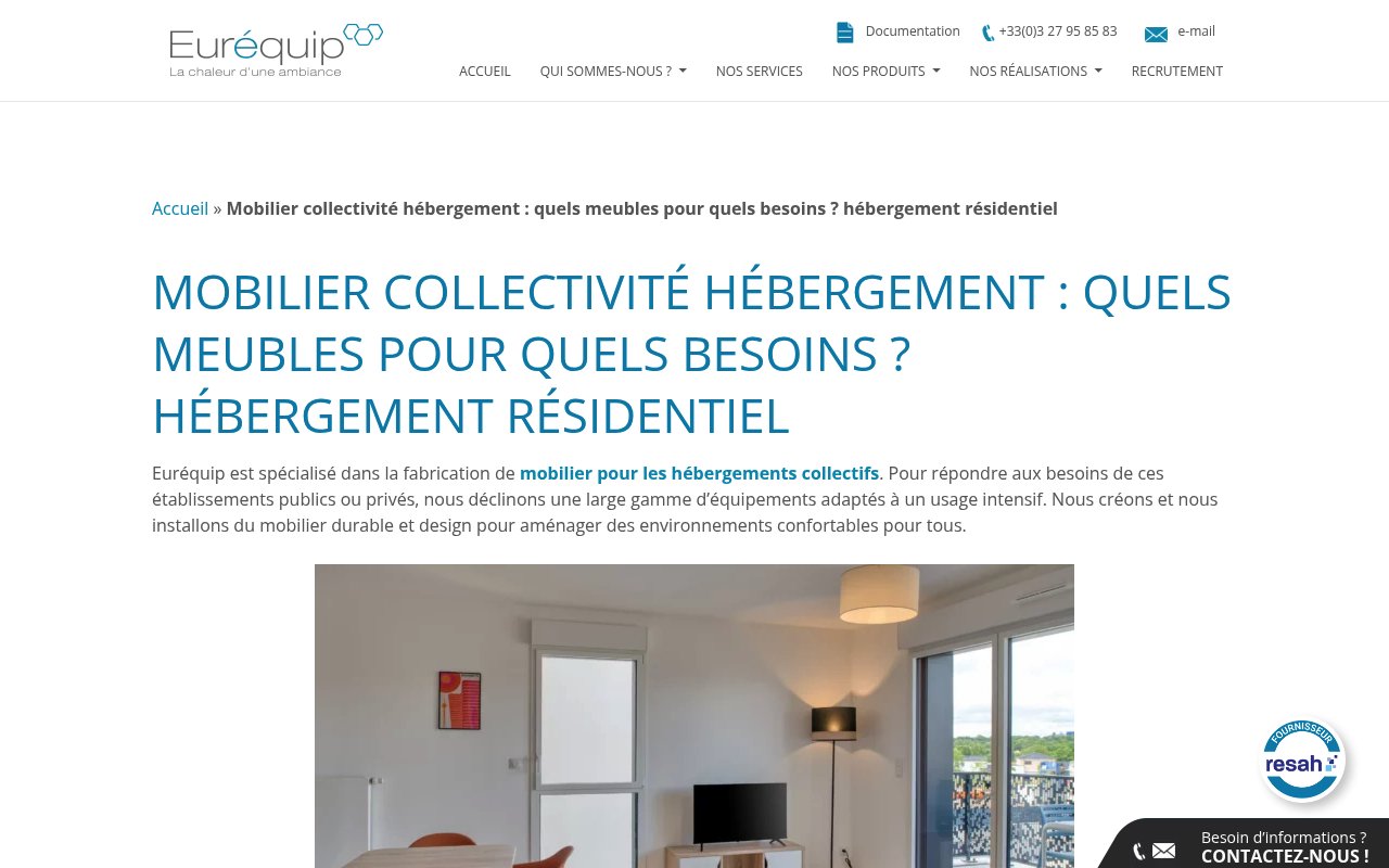 Apercu du site Euréquip – Mobilier collectivité hébergement