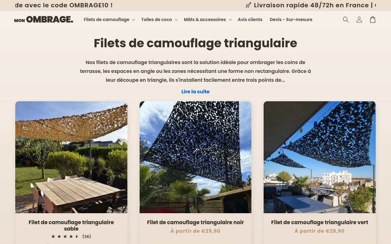 Apercu du site Mon Ombrage – Filets de camouflage triangulaire