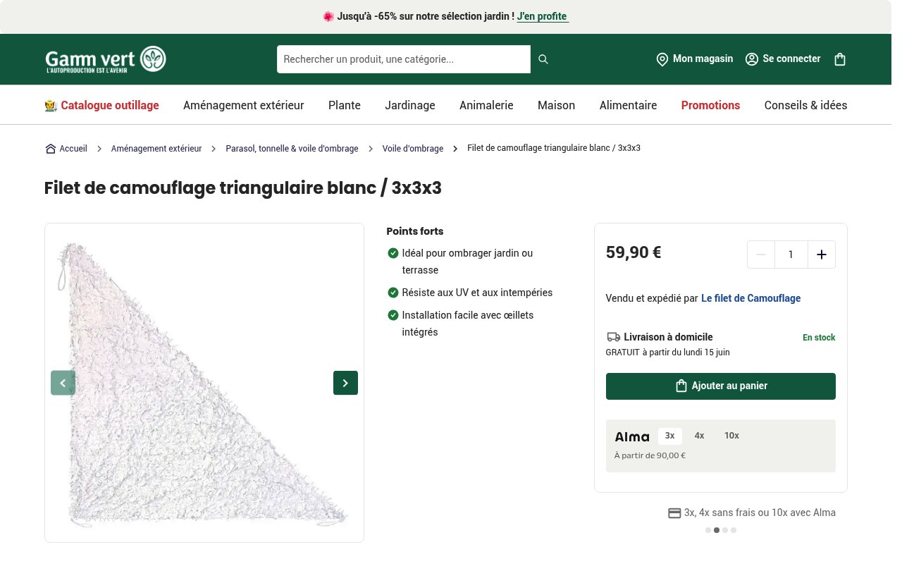 Apercu du site Gamm vert – Filet de camouflage triangulaire blanc 3x3x3