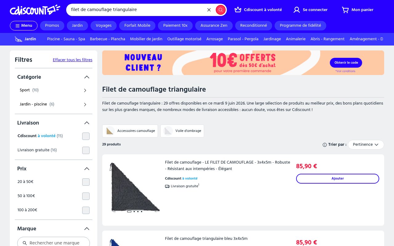 Apercu du site Cdiscount – Filet de camouflage triangulaire