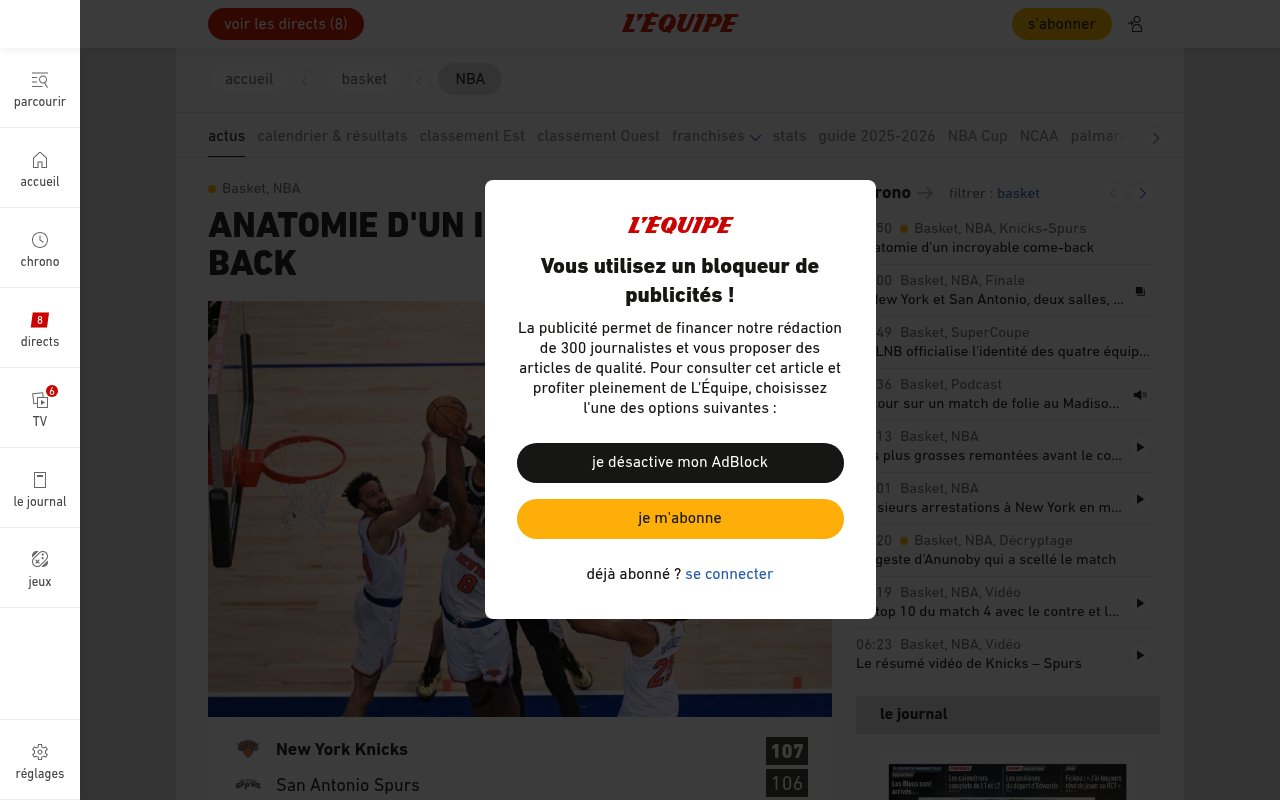 Apercu du site L’Équipe – NBA