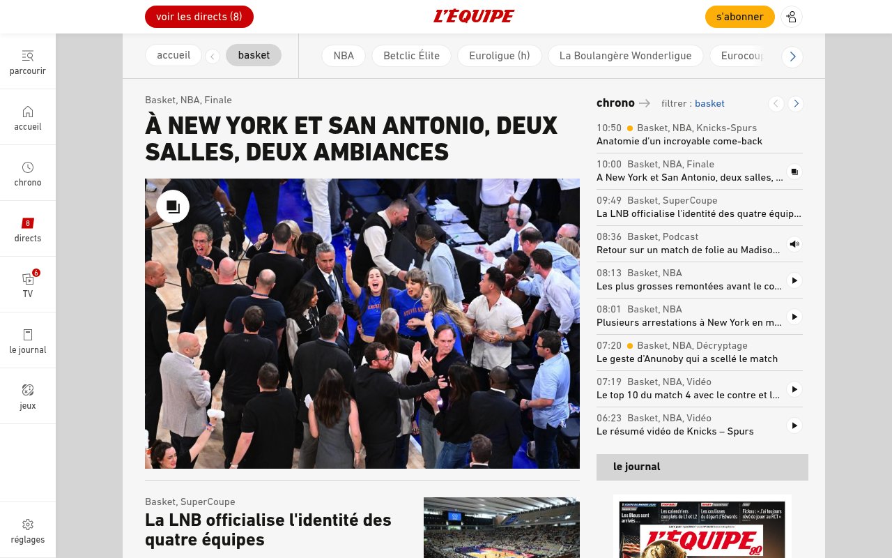 Apercu du site L’Équipe – Résultats NBA
