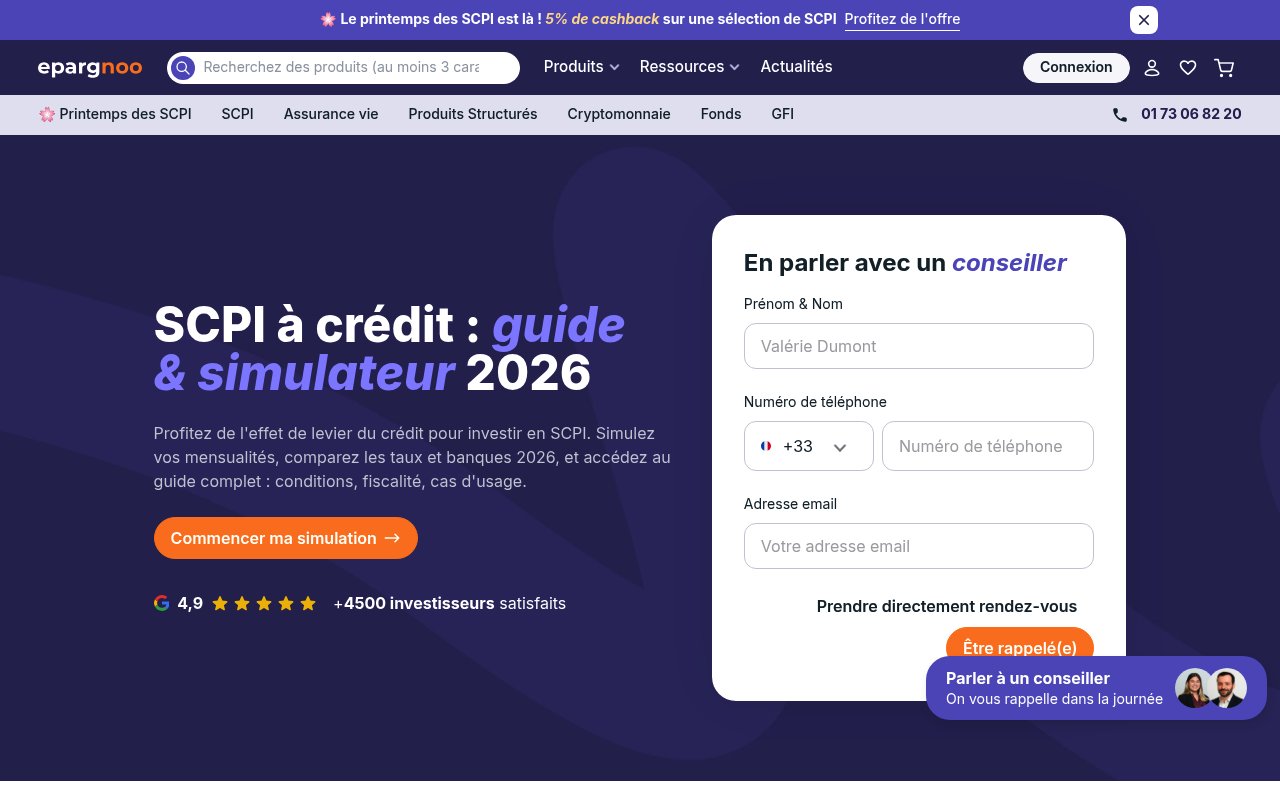 Meilleurs simulateur pour investir en SCPI à crédit — édition 2026 3 Apercu du site epargnoo