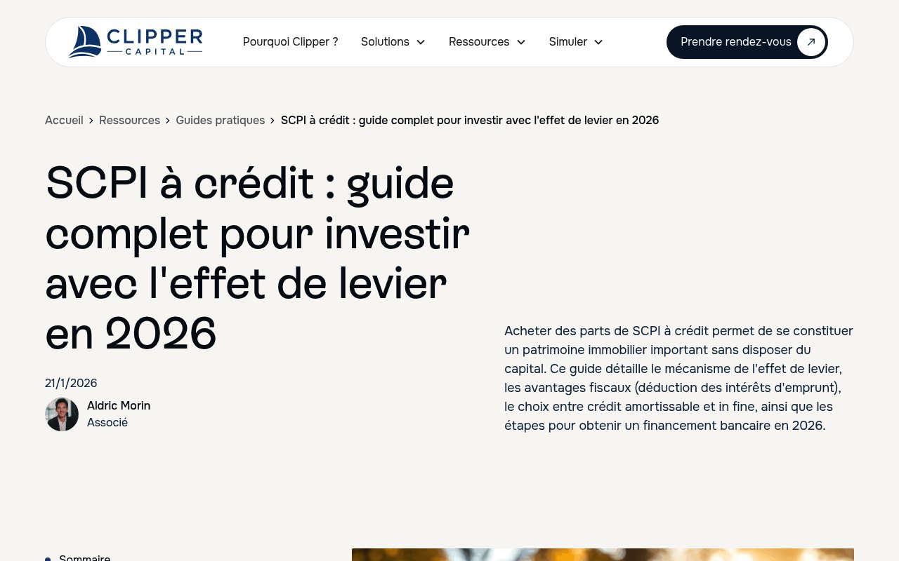 Meilleurs simulateur pour investir en SCPI à crédit — édition 2026 5 Apercu du site Clipper Capital
