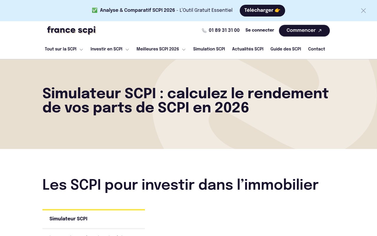 Meilleurs simulateur pour investir en SCPI à crédit — édition 2026 6 Apercu du site France SCPI