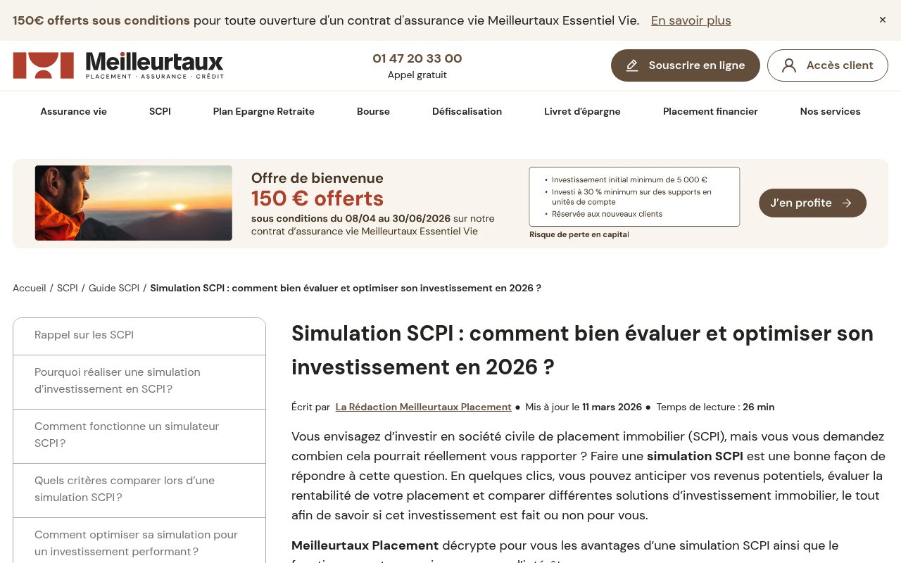 Meilleurs simulateur pour investir en SCPI à crédit — édition 2026 10 Apercu du site Meilleurtaux Placement