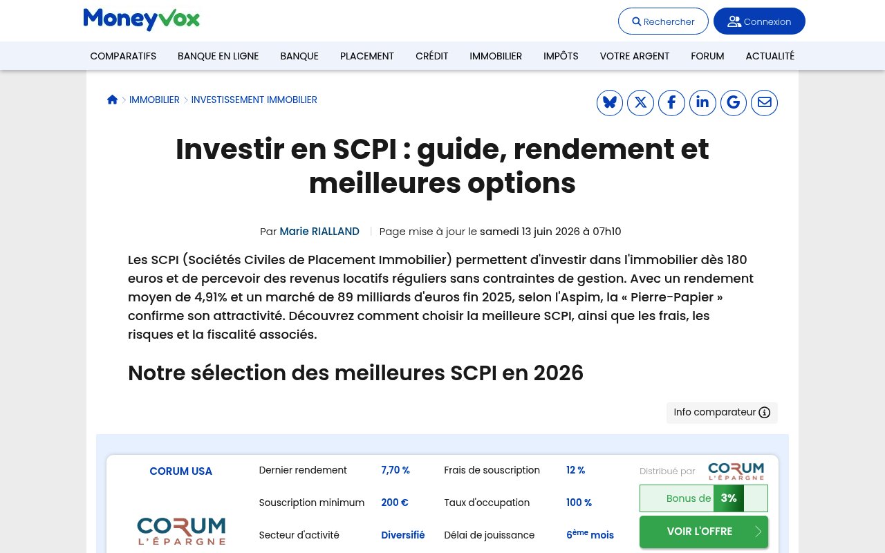 Meilleurs simulateur pour investir en SCPI à crédit — édition 2026 11 Apercu du site MoneyVox