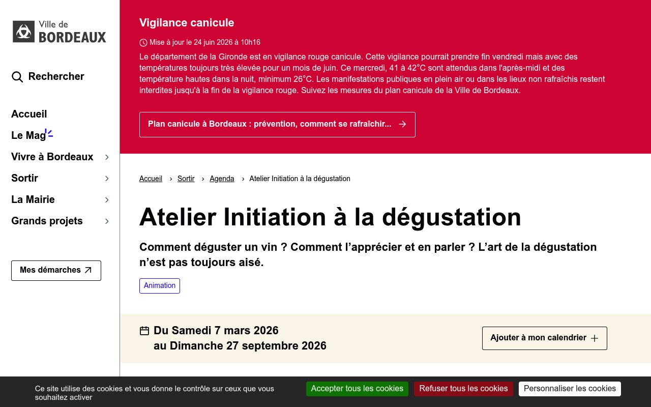Apercu du site Initiation à la dégustation (Ville de Bordeaux)