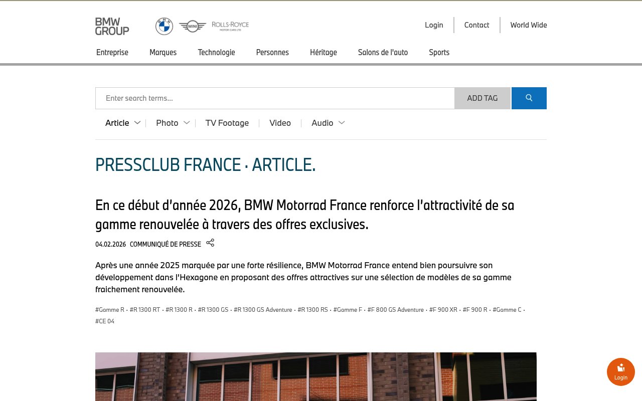 Apercu du site BMW Group France – Article Presse