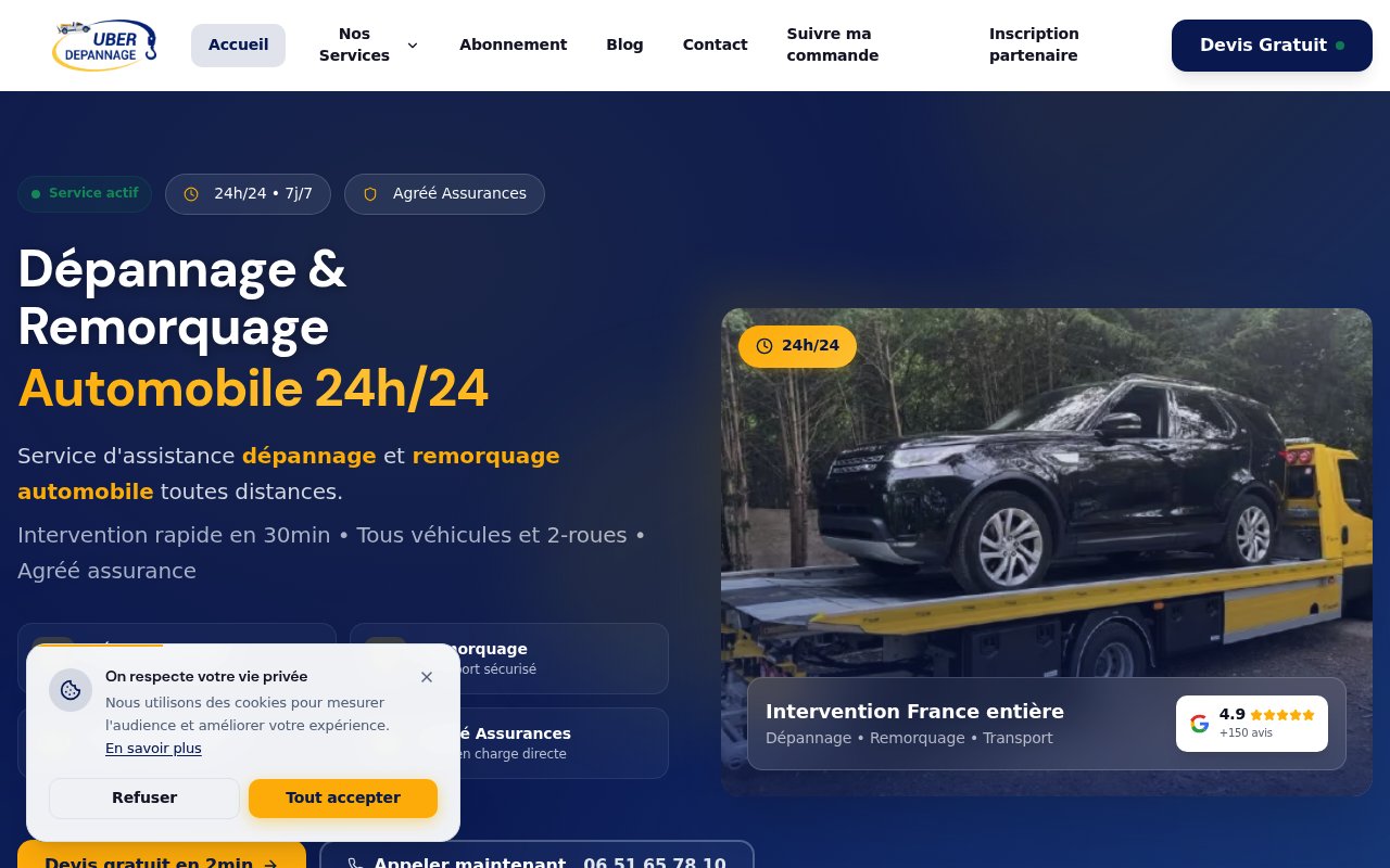 Meilleures entreprises de remorquage et dépannage auto en France : à qui faire confiance en 2026 ? Apercu du site Uber Dépannage