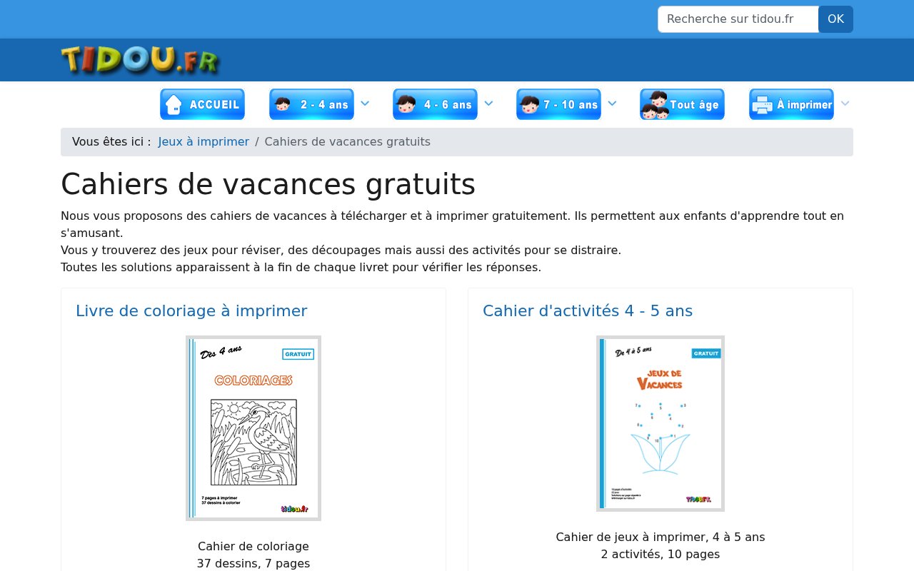 Apercu du site Cahiers de vacances gratuits