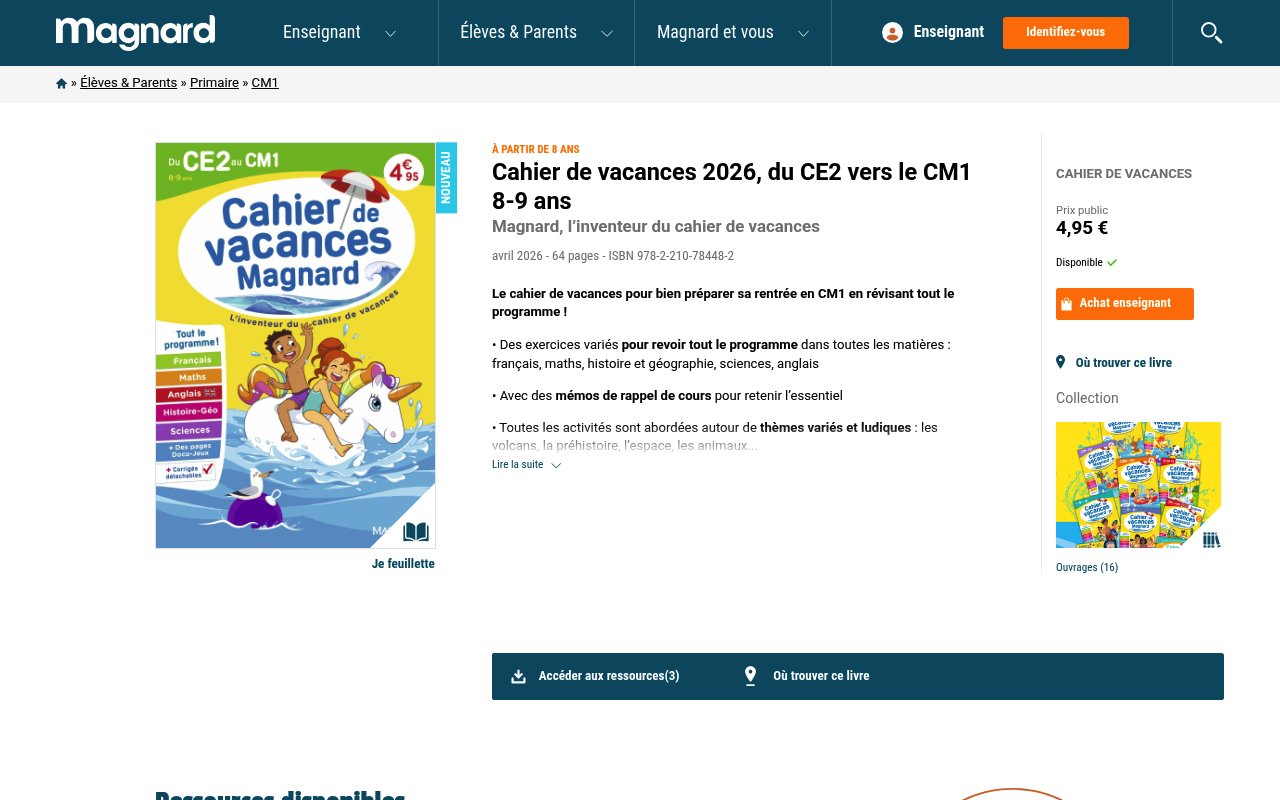 Apercu du site Magnard, l’inventeur du cahier de vacances