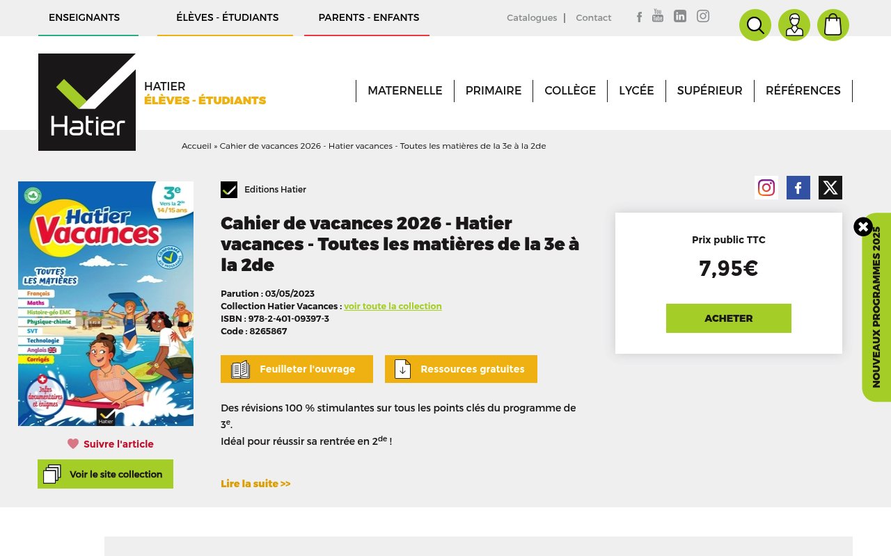 Apercu du site Hatier Vacances