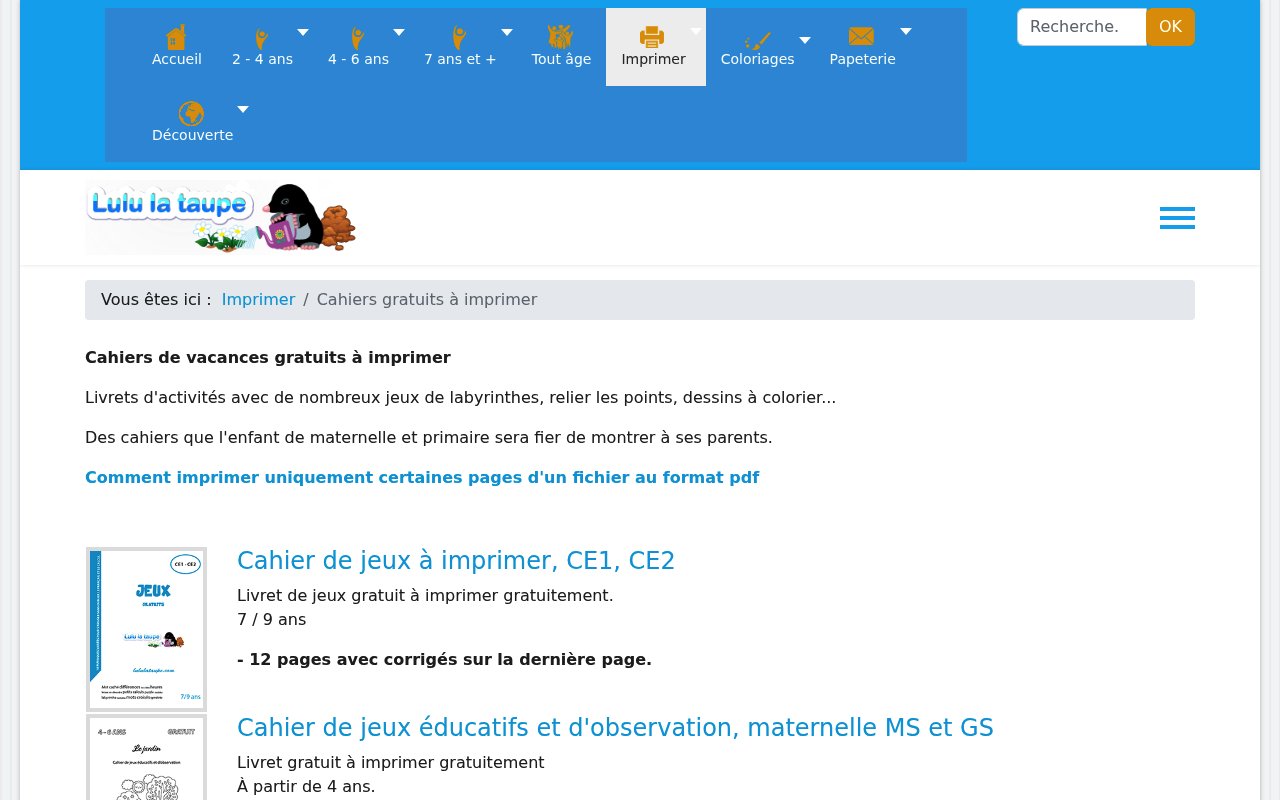 Apercu du site Cahiers de vacances gratuits à imprimer — Lulu la Taupe