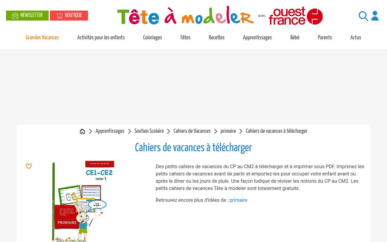 Apercu du site Cahiers de vacances à télécharger — Tête à Modeler