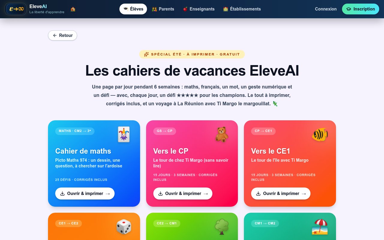 Apercu du site Cahiers de vacances à imprimer (PDF gratuit) — Élève.ai