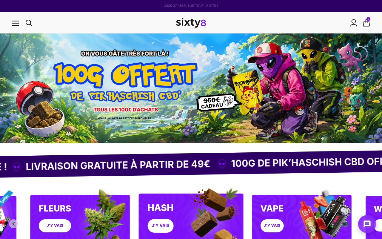 Guide 2026 : meilleurs sites d'achat de CBD en France 2 Apercu du site Sixty8