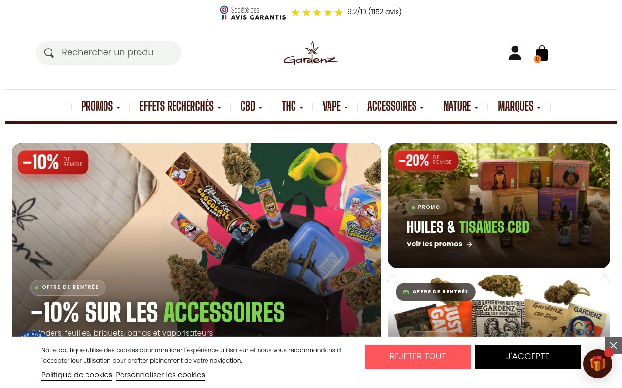 Guide 2026 : meilleurs sites d'achat de CBD en France 4 Apercu du site Gardenz