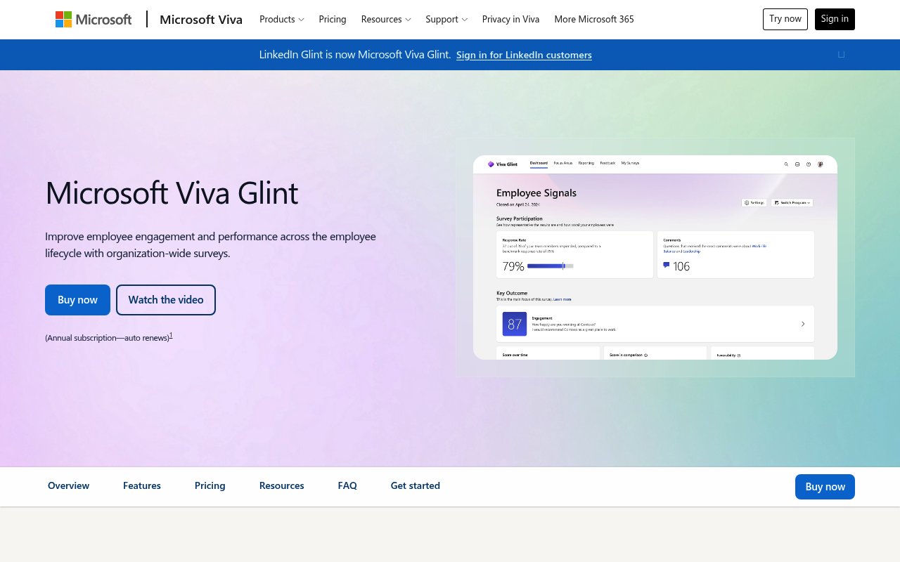 Apercu du site Microsoft Viva Glint