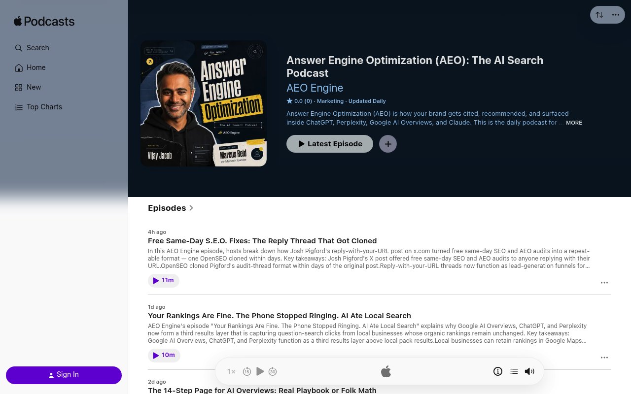 Aperçu du site Answer Engine Optimization (AEO): The AI Search Podcast