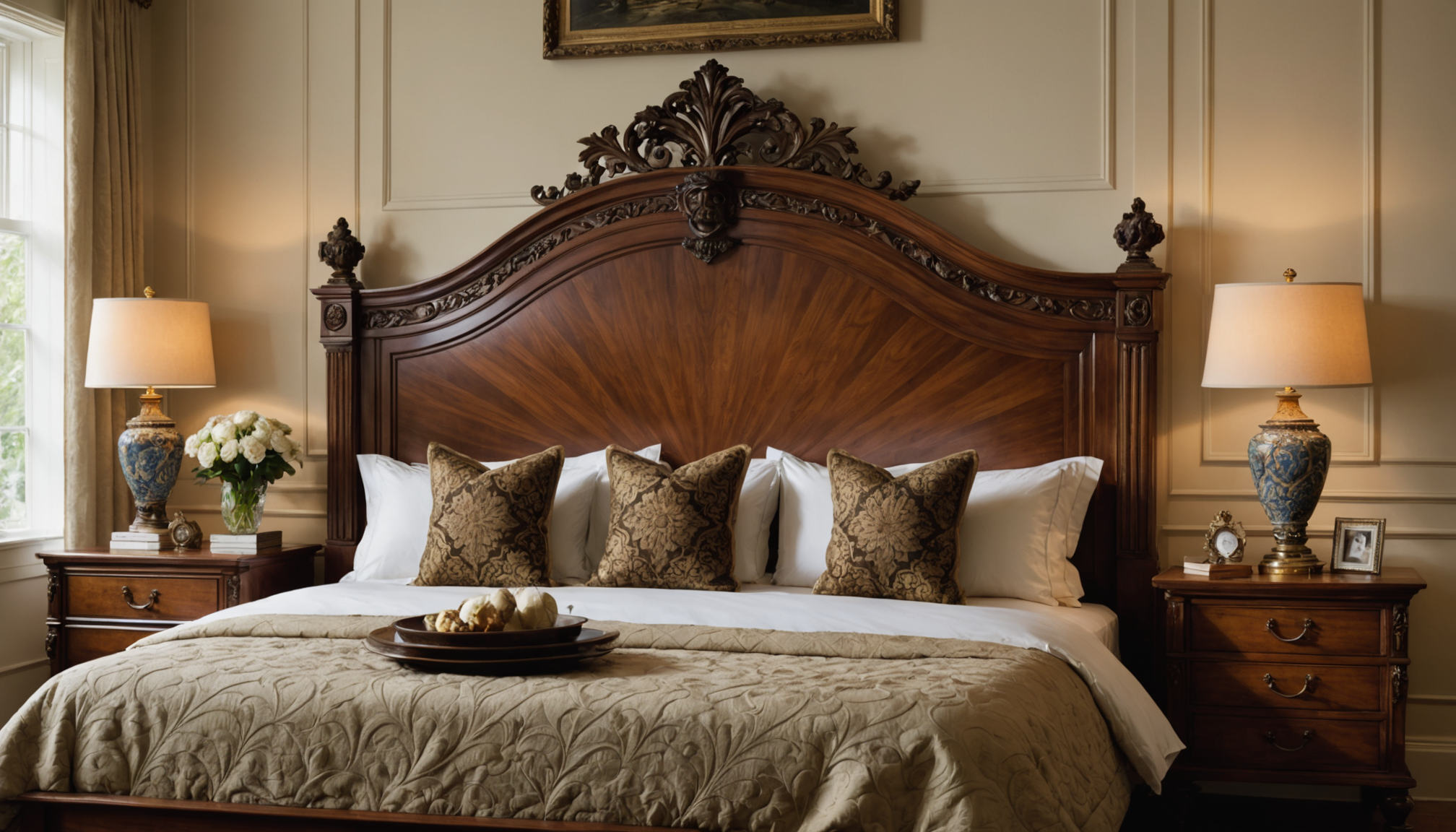 Illustration : les finitions artisanales (sculpture, marqueterie, assemblages traditionnels) ajoutent — tête de lit bois : l’élément déco qui transforme une chambre