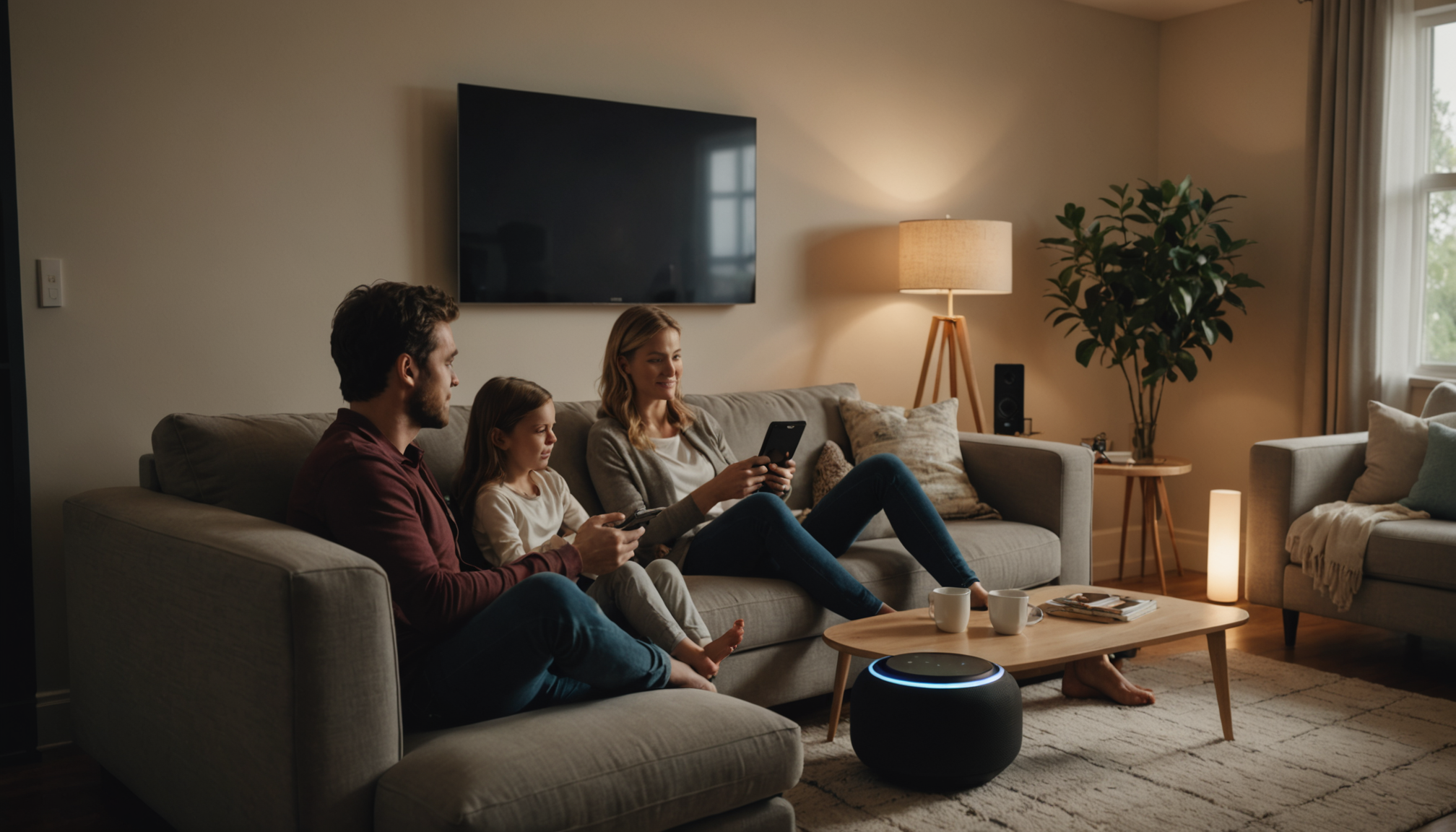 Illustration : les assistants vocaux simplifient le contrôle quotidien. une — l'innovation qui transforme votre espace de vie confortable