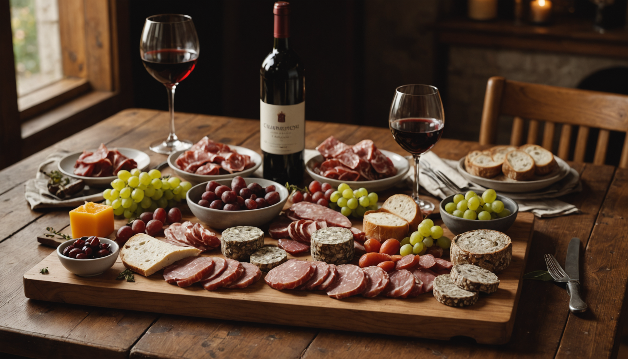 Illustration : côté boissons, un vin rouge léger ou un — saucisson artisanal : un délice incontournable à savourer