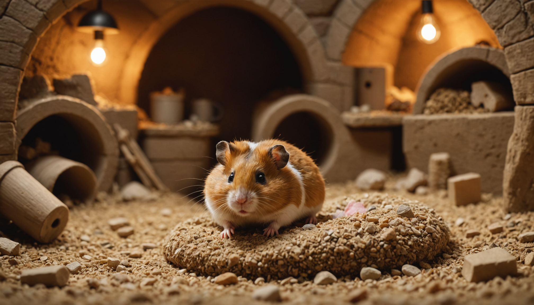 Illustration : les hamsters, animaux fouisseurs, apprécient les maisons semi-enterrées — lapin ou hamster : quels accessoires sont vraiment indispensables ?