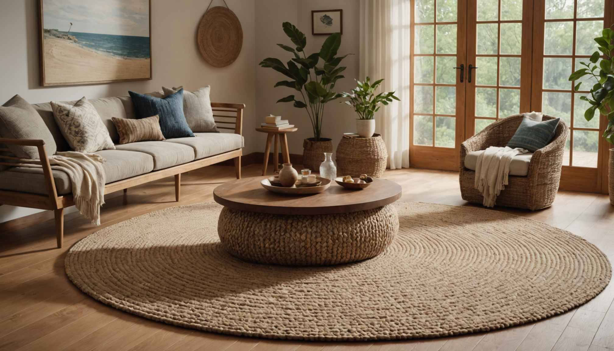 Illustration : les fibres naturelles comme le jute, le sisal — tapis forme originale - rond, ovale, nuage & géométrique"