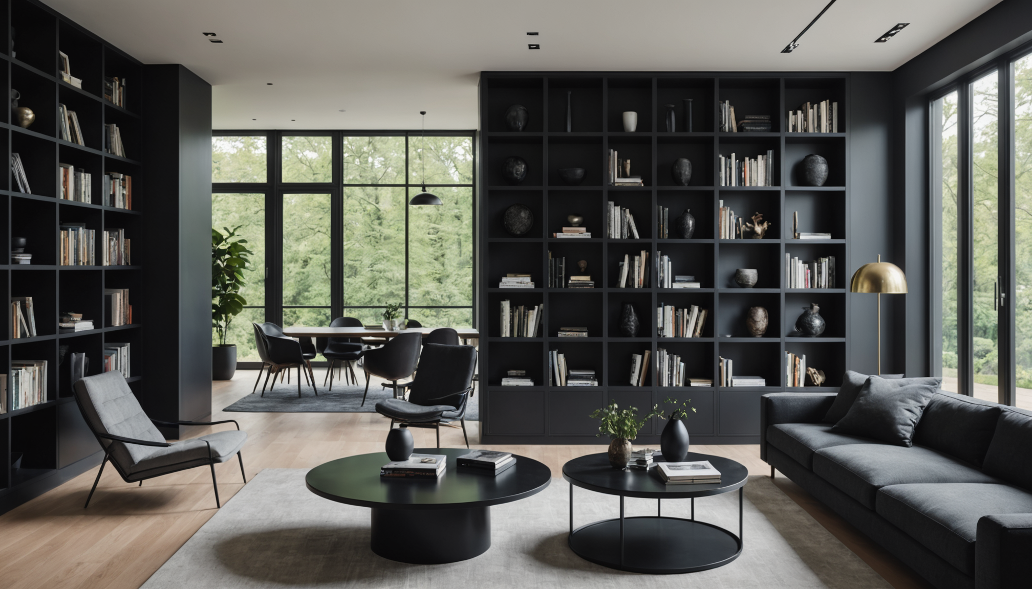 Illustration : ibliothèques noir mat : structure et affirme, utilisé — maison moderne : couleurs et matières à privilégier