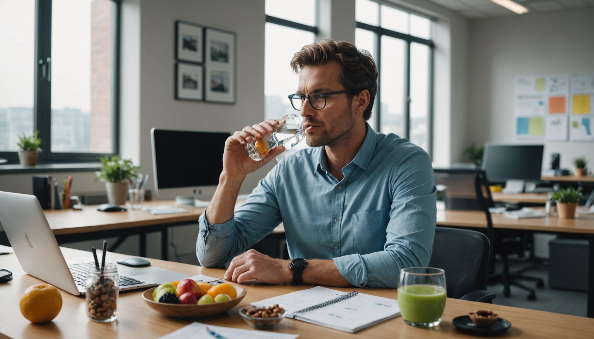 Illustration : l'hydratation et l'alimentation jouent un rôle souvent sous-estimé. — améliorer sa productivité au travail avec des méthodes simples