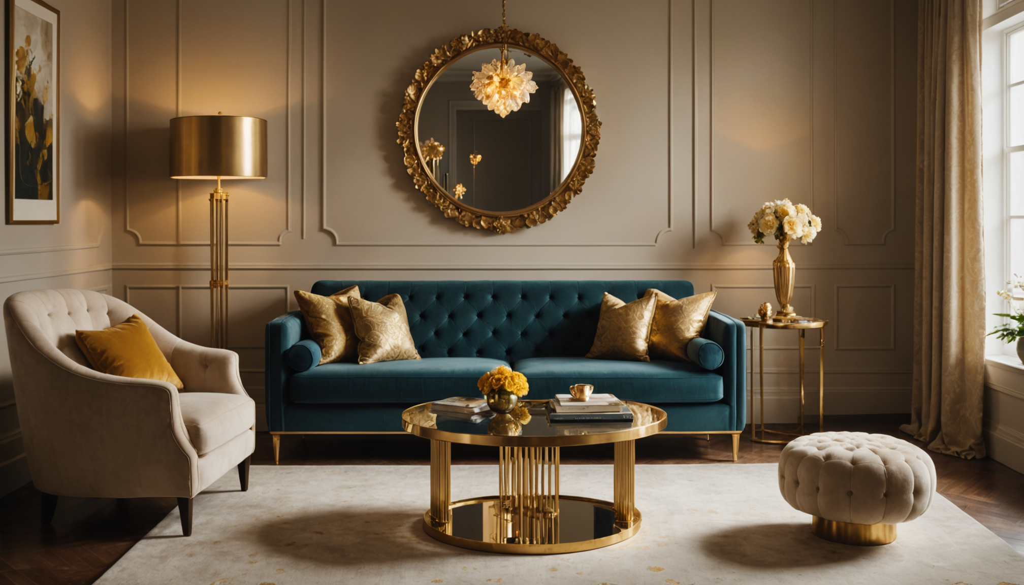 Illustration : multipliez les touches dorées dans la pièce pour — lampadaire fleur doré : l'astuce pour donner un look art déco à votre salon