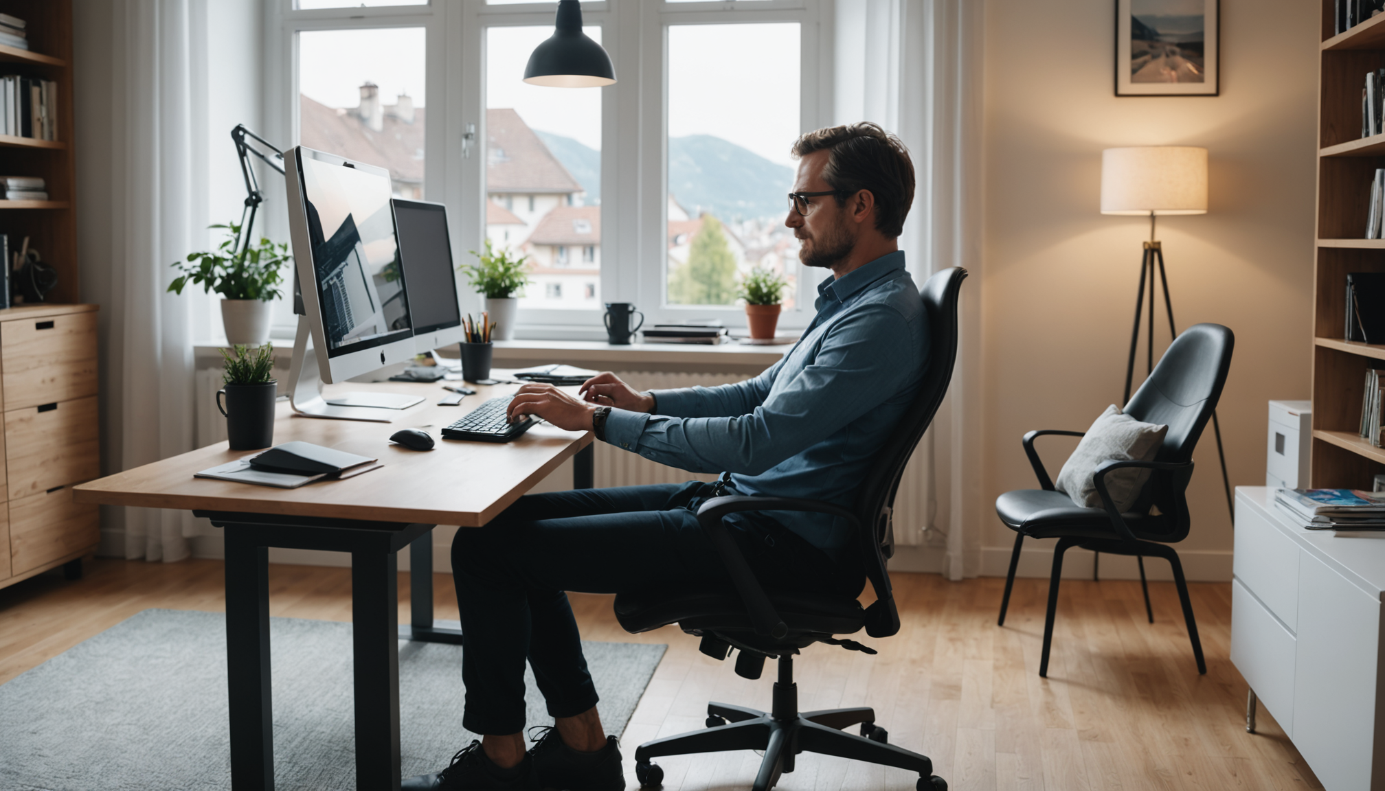 Illustration : position clavier aligné avec coudes évite tensions épaules/poignets — confort et productivité : améliorer votre espace de travail suisse