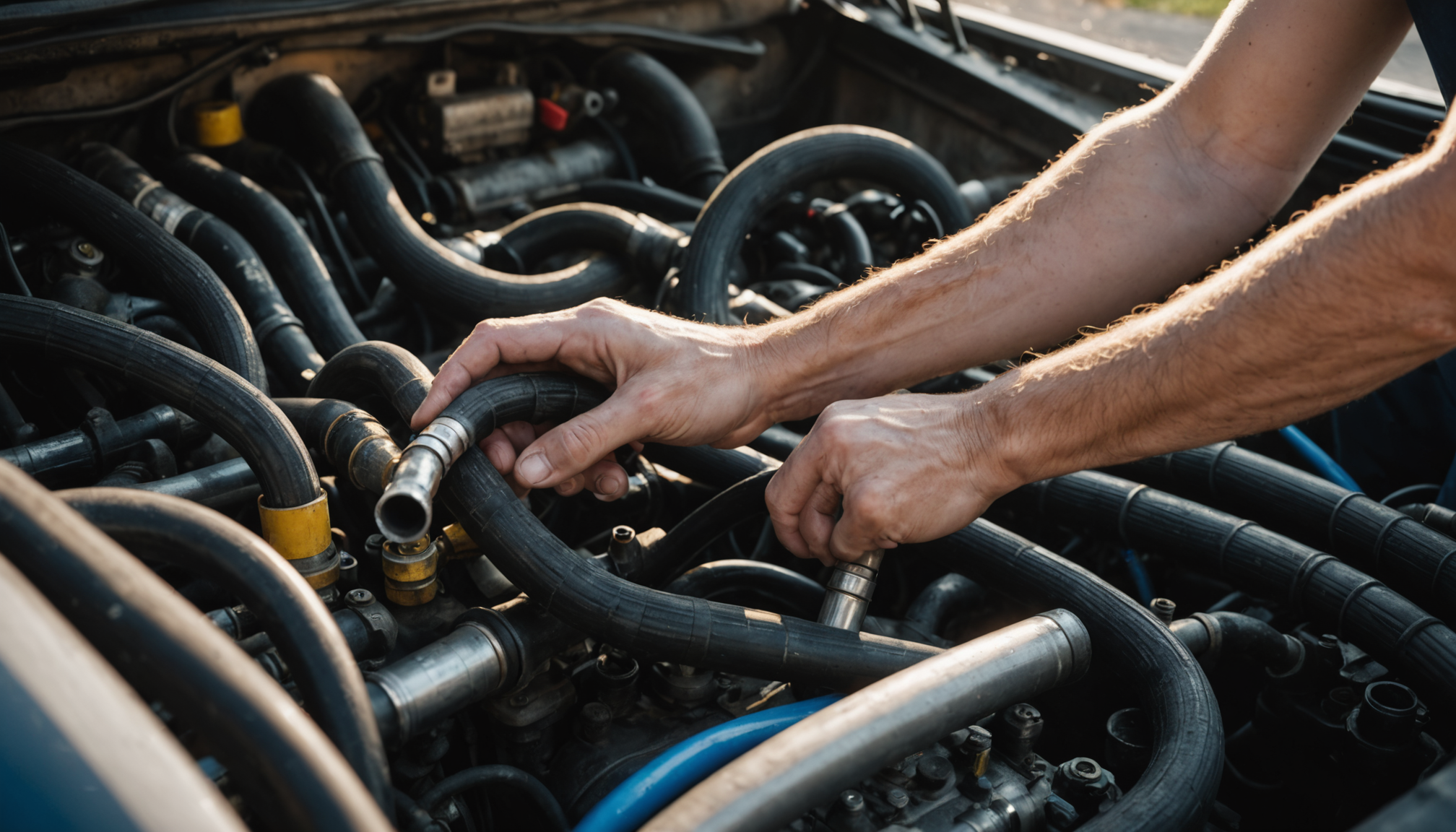 comprendre les bases de la mécanique automobile — inspectez visuellement les durites en caoutchouc qui relient