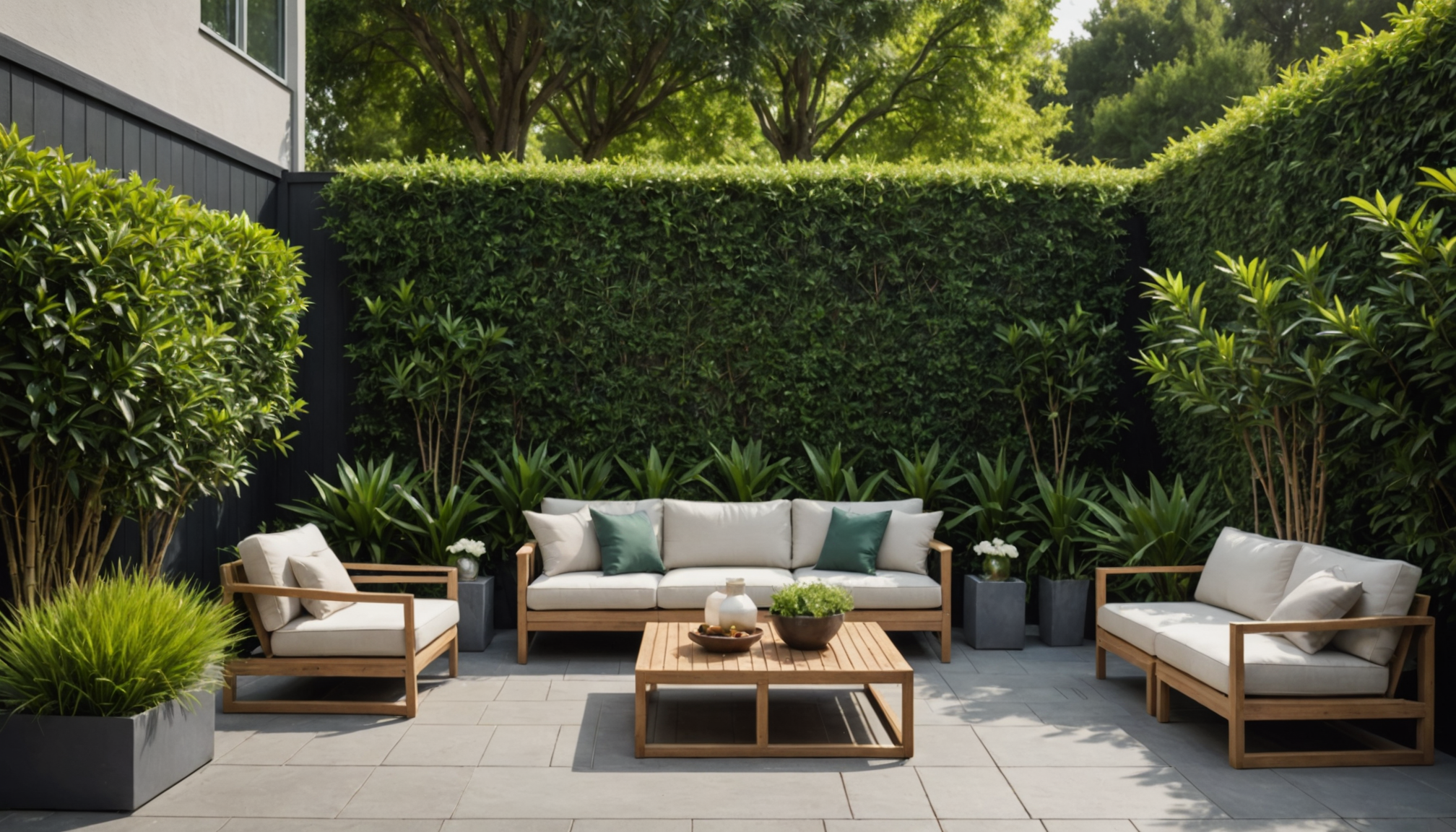 Illustration : les haies végétales persistantes (photinia, laurier-tin, bambou) constituent — transformer son extérieur en coin détente moderne