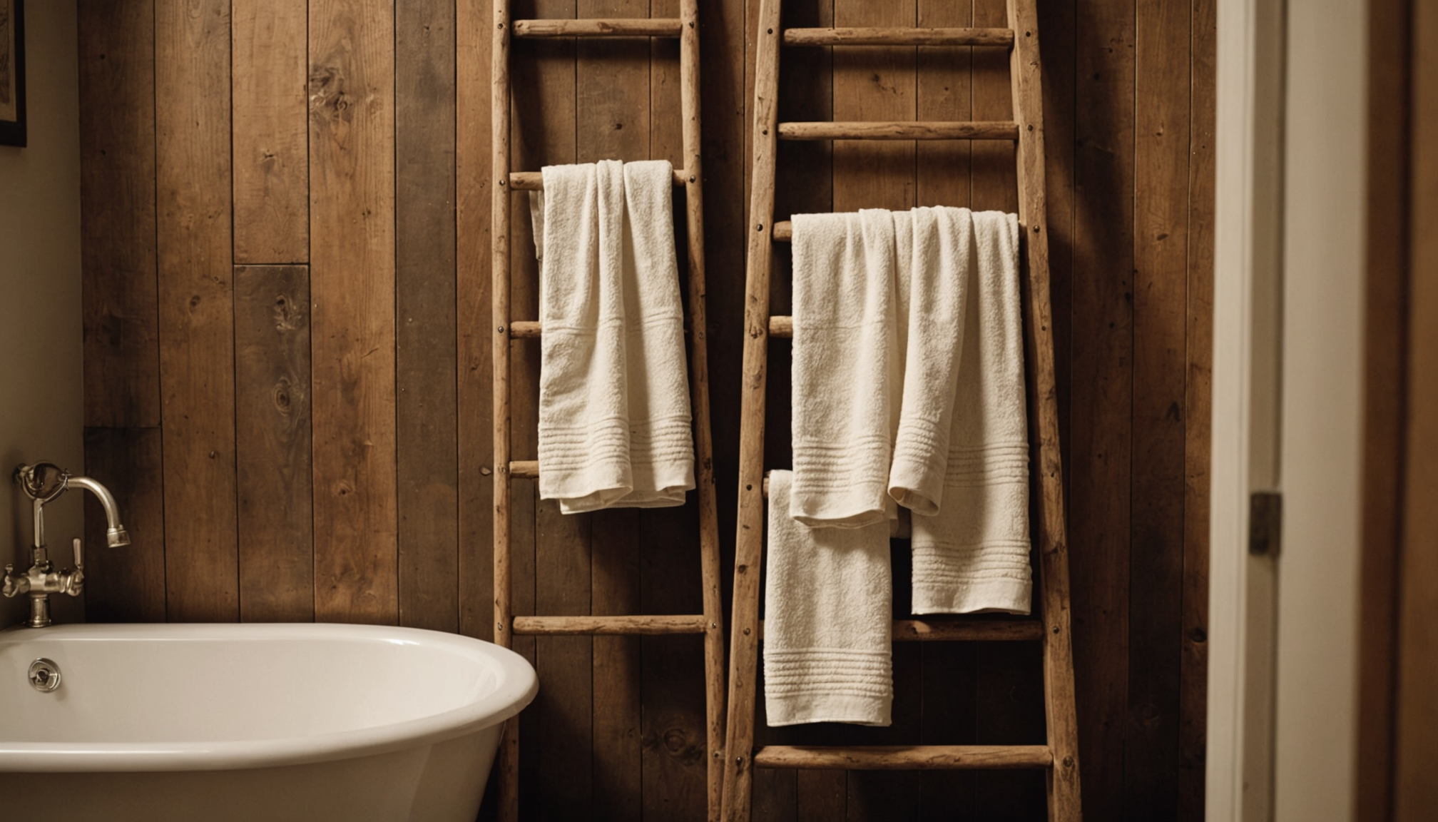 Illustration : les échelles détournées deviennent des porte-serviettes, des étagères — fabriquer des meubles avec des matériaux recyclés ?