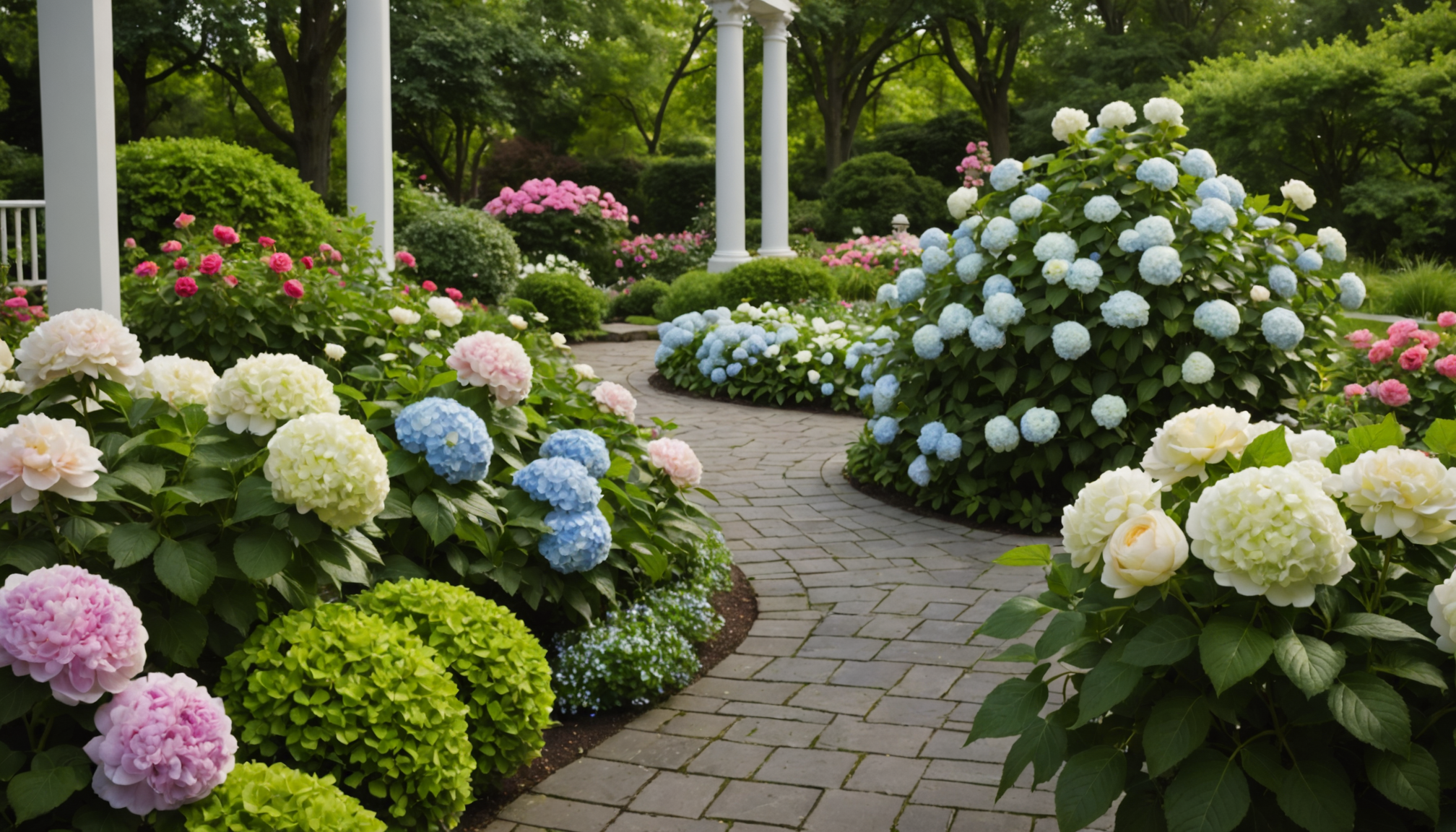 oasis de détente : harmoniser verdure et bien-être chez soi — ouces hortensias, roses anciennes, pivoines beauté visuelle, parfums