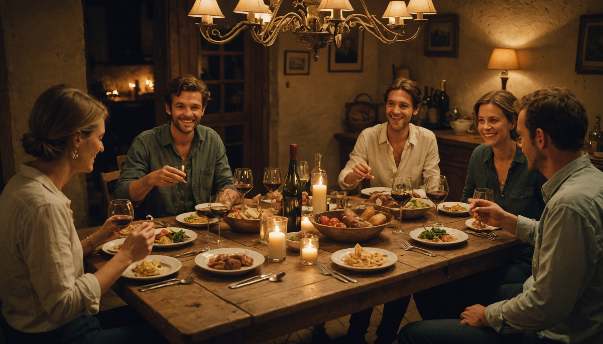 Illustration : traditions culinaires autour d'un repas convivial qui s'étire — régions culinaires de france : un voyage savoureux