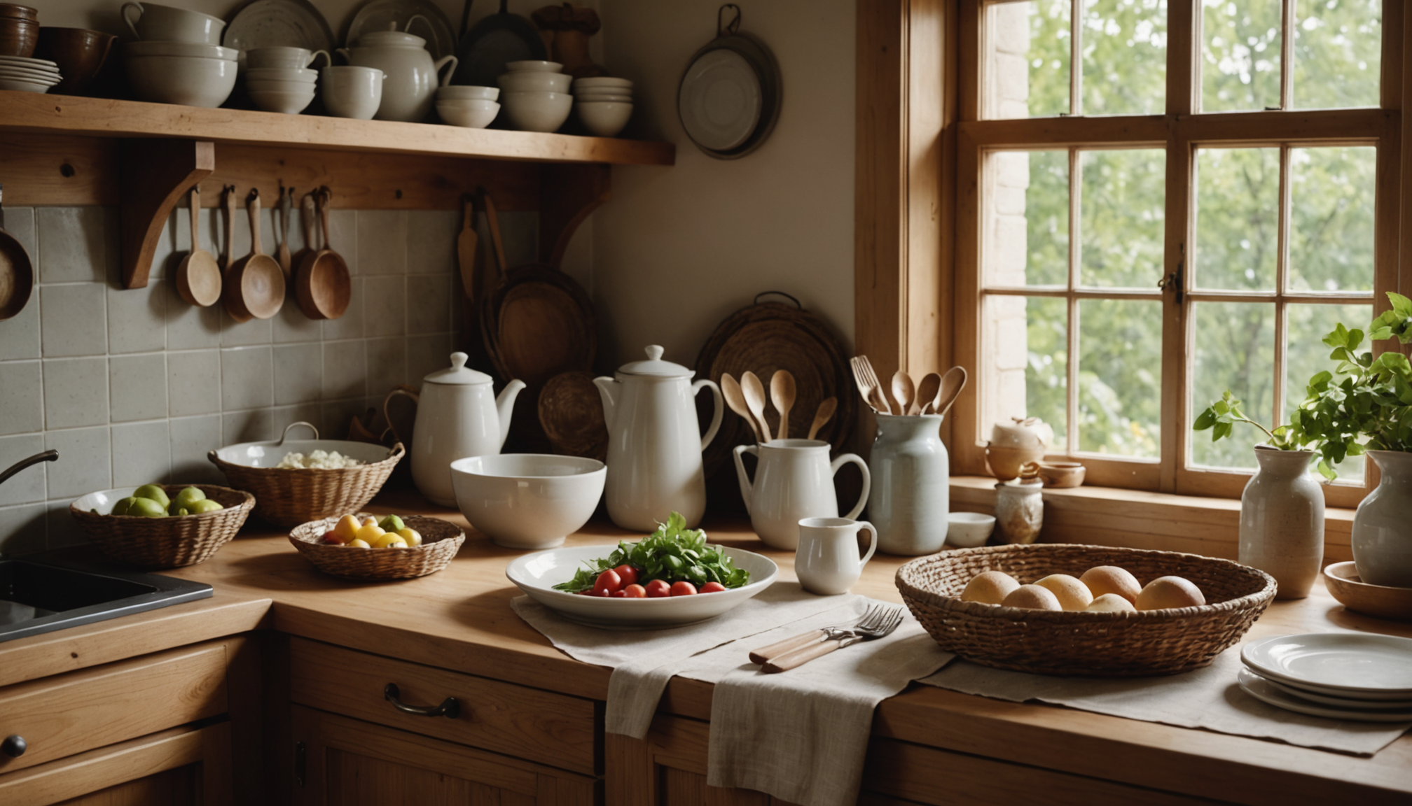 Illustration : grès, des paniers en osier et des linges — arômes et couleurs : l'harmonie parfaite en cuisine et déco