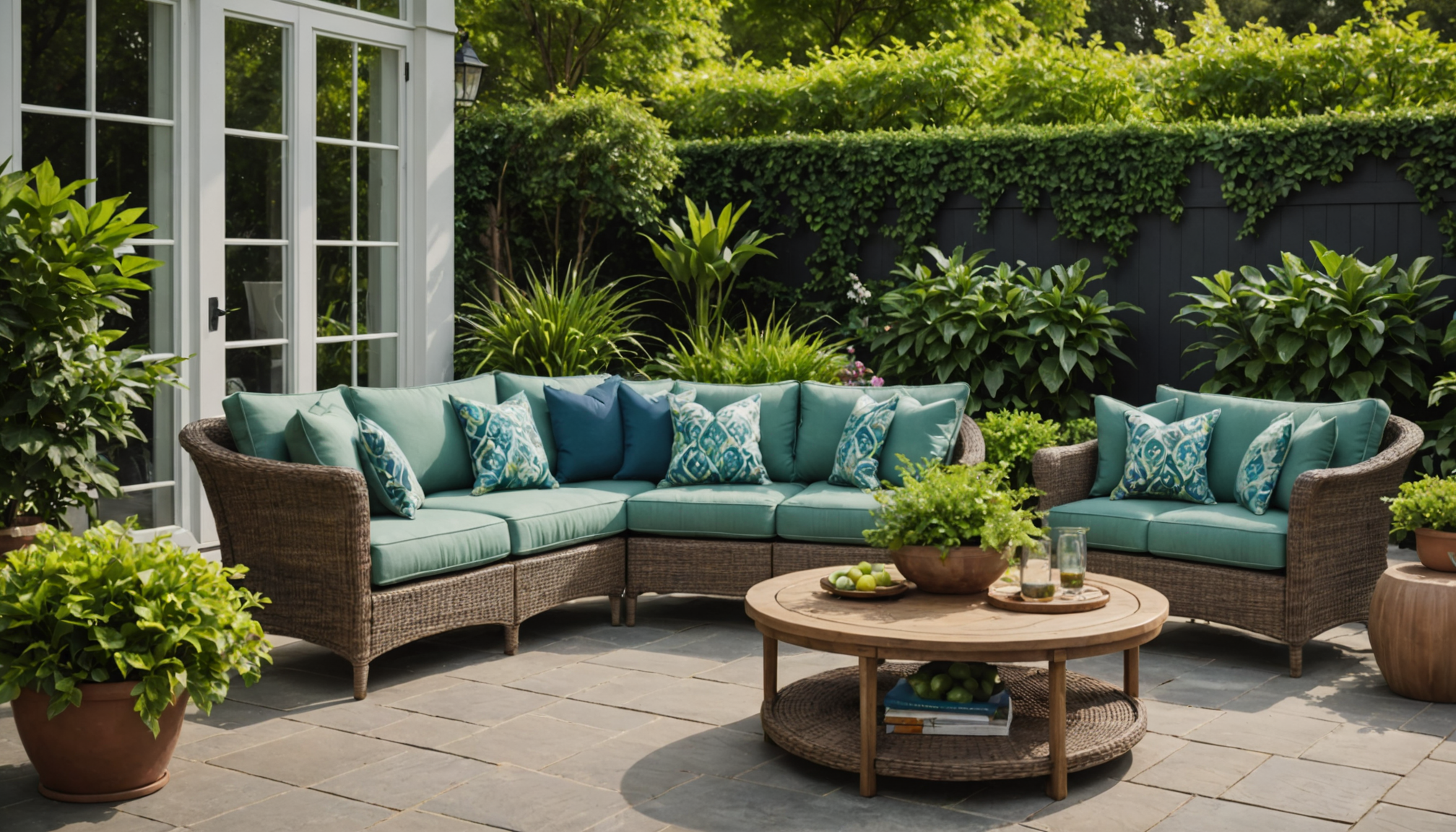 Illustration : le salon de jardin permanent, avec des assises — aménager son jardin pour augmenter la valeur de sa maison